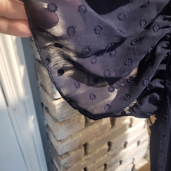 Lulu's Have Harmony Navy Blue Swiss Dot Ruffled Faux Wrap Midi Dress  sz Lrg NWT - Picture 7 of 11